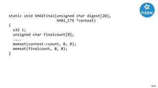 8/35
static void SHA1Final(unsigned char digest[20],
SHA1_CTX *context)
{
u32 i;
unsigned char finalcount[8];
....
memset(context->count, 0, 8);
memset(finalcount, 0, 8);
}
 