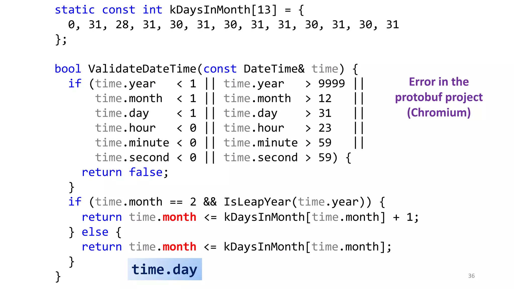 static const int kDaysInMonth[13] = {
0, 31, 28, 31, 30, 31, 30, 31, 31, 30, 31, 30, 31
};
bool ValidateDateTime(const DateTime& time) {
if (time.year < 1 || time.year > 9999 ||
time.month < 1 || time.month > 12 ||
time.day < 1 || time.day > 31 ||
time.hour < 0 || time.hour > 23 ||
time.minute < 0 || time.minute > 59 ||
time.second < 0 || time.second > 59) {
return false;
}
if (time.month == 2 && IsLeapYear(time.year)) {
return time.month <= kDaysInMonth[time.month] + 1;
} else {
return time.month <= kDaysInMonth[time.month];
}
} time.day
Error in the
protobuf project
(Chromium)
36
 