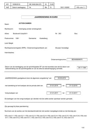 JAARREKENING IN EURO
Naam:
ACTION DAMIEN
Rechtsvorm: Vereniging zonder winstoogmerk
Adres: Boulevard Léopold II Nr: 263 Bus:
Postnummer: 1081 Gemeente: Koekelberg
Land:België
Rechtspersonenregister (RPR) - Ondernemingsrechtbank van Brussel, franstalige
Internetadres:
Ondernemingsnummer BE0406694670
Datum van de neerlegging van de oprichtingsakte OF van het recentste stuk dat de datum van
bekendmaking van de oprichtingsakte en van de akte tot statutenwijziging vermeldt.
26-11-1964
JAARREKENING goedgekeurd door de algemene vergadering* van 25-05-2019
met betrekking tot het boekjaar dat de periode dekt van 01-01-2018 tot 31-12-2018
Vorig boekjaar van 01-01-2017 tot 31-12-2017
De bedragen van het vorige boekjaar zijn identiek met die welke eerder openbaar werden gemaakt.
Zijn gevoegd bij deze jaarrekening:
Nummers van de secties van het standaardmodel die niet werden neergelegd omdat ze niet dienstig zijn:
VOL-vzw 5.1, VOL-vzw 5.2.1, VOL-vzw 5.2.3, VOL-vzw 5.2.4, VOL-vzw 5.3.4, VOL-vzw 5.3.5, VOL-vzw 5.3.6, VOL-vzw
5.4.1, VOL-vzw 5.4.2, VOL-vzw 5.5.1, VOL-vzw 5.5.2, VOL-vzw 5.5.3, VOL-vzw 5.13, VOL-vzw 5.15
1/33
401
NAT.
19/06/2019
Datum neerlegging
BE 0406.694.670
Nr.
33
Blz.
EUR
D. 19211.00265 VOL-vzw 1.1
 