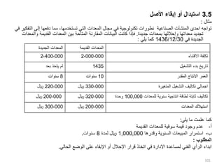 3.5
‫األصل‬ ‫إبقاء‬ ‫أو‬ ‫استبدال‬
‫مثال‬
:
‫ا‬ ‫إلى‬ ‫دفعها‬ ‫مما‬ ،‫تستخدمها‬ ‫التي‬ ‫المعدات‬ ‫مجال‬ ‫في‬ ‫تكنولوجية‬ ‫نطورات‬ ‫الصناعية‬ ‫المنشآت‬ ‫احدى‬ ‫تواجه‬
‫في‬ ‫لتفكير‬
‫جديدة‬ ‫بمعدات‬ ‫وإحاللها‬ ‫معداتها‬ ‫تجديد‬
.
‫و‬ ‫القديمة‬ ‫المعدات‬ ‫بين‬ ‫المتاحة‬ ‫المقارنة‬ ‫البيانات‬ ‫كانت‬ ‫فإذا‬
‫المعدات‬
‫في‬ ‫الجديدة‬
1436/12/30
‫يلي‬ ‫كما‬
:
‫يلي‬ ‫ما‬ ‫علمت‬ ‫كما‬
:
‫القديمة‬ ‫للمعدات‬ ‫سوقية‬ ‫قيمة‬ ‫وجود‬ ‫عدم‬ ‫أ‬
-
‫وقدرها‬ ‫السنوية‬ ‫المبيعات‬ ‫استمرار‬ ‫ب‬
-
1,000,000
‫لمدة‬ ‫لاير‬
8
‫سنوات‬
.
‫المطلوب‬
:
‫الحالي‬ ‫الوضع‬ ‫على‬ ‫اإلبقاء‬ ‫أو‬ ‫اإلحالل‬ ‫قرار‬ ‫اتخاذ‬ ‫في‬ ‫اإلدارة‬ ‫لمساعدة‬ ‫الفني‬ ‫الرأي‬ ‫ابداء‬
.
101
‫الجديدة‬ ‫المعدات‬ ‫القديمة‬ ‫المعدات‬
2،400،000 2،000،000 ‫االقتناء‬ ‫تكلفة‬
‫بعد‬ ‫يتخذ‬ ‫لم‬ 1435 ‫التشغيل‬ ‫بدء‬ ‫تاريخ‬
8
‫سنوات‬ 10
‫سنوات‬ ‫المقدر‬ ‫االنتاج‬ ‫العمر‬
220،000
‫لاير‬ 330،000
‫لاير‬ ‫المتغيرة‬ ‫التشغيل‬ ‫تكاليف‬ ‫اجمالي‬
200،000
‫لاير‬ 320،000
‫لاير‬ ‫لطاقة‬ ‫ثابتة‬ ‫تكاليف‬
‫للمعدات‬ ‫سنوية‬ ‫انتاجية‬
100,000
‫وحدة‬
300،000
‫لاير‬ 200،000
‫لاير‬ ‫المعدات‬ ‫استهالك‬
 