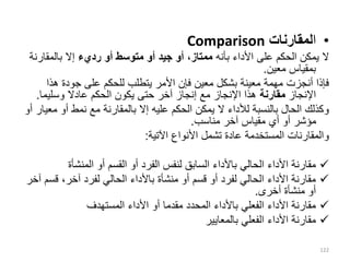 •
‫ا‬
‫لمقارنات‬
Comparison
‫بأنه‬ ‫األداء‬ ‫على‬ ‫الحكم‬ ‫يمكن‬ ‫ال‬
‫رديء‬ ‫أو‬ ‫متوسط‬ ‫أو‬ ‫جيد‬ ‫أو‬ ،‫ممتاز‬
‫بالمقار‬ ‫إال‬
‫نة‬
‫معين‬ ‫بمقياس‬
.
‫هذا‬ ‫جودة‬ ‫على‬ ‫للحكم‬ ‫يتطلب‬ ‫األمر‬ ‫فإن‬ ‫معين‬ ‫بشكل‬ ‫معينة‬ ‫مهمة‬ ‫أنجزت‬ ‫فإذا‬
‫اإلنجاز‬
‫مقارنة‬
‫وسليما‬ ‫عادال‬ ‫الحكم‬ ‫يكون‬ ‫حتى‬ ‫آخر‬ ‫إنجاز‬ ‫مع‬ ‫اإلنجاز‬ ‫هذا‬
.
‫م‬ ‫أو‬ ‫نمط‬ ‫مع‬ ‫بالمقارنة‬ ‫إال‬ ‫عليه‬ ‫الحكم‬ ‫يمكن‬ ‫ال‬ ‫لألداء‬ ‫بالنسبة‬ ‫الحال‬ ‫وكذلك‬
‫أو‬ ‫عيار‬
‫مناسب‬ ‫آخر‬ ‫مقياس‬ ‫أي‬ ‫أو‬ ‫مؤشر‬
.
‫اآلتية‬ ‫األنواع‬ ‫تشمل‬ ‫عادة‬ ‫المستخدمة‬ ‫والمقارنات‬
:

‫المنشأة‬ ‫أو‬ ‫القسم‬ ‫أو‬ ‫الفرد‬ ‫لنفس‬ ‫السابق‬ ‫باألداء‬ ‫الحالي‬ ‫األداء‬ ‫مقارنة‬

‫قس‬ ،‫آخر‬ ‫لفرد‬ ‫الحالي‬ ‫باألداء‬ ‫منشأة‬ ‫أو‬ ‫قسم‬ ‫أو‬ ‫لفرد‬ ‫الحالي‬ ‫األداء‬ ‫مقارنة‬
‫آخر‬ ‫م‬
‫أخرى‬ ‫منشأة‬ ‫أو‬
.

‫المستهدف‬ ‫األداء‬ ‫أو‬ ‫مقدما‬ ‫المحدد‬ ‫باألداء‬ ‫الفعلي‬ ‫األداء‬ ‫مقارنة‬

‫بالمعايير‬ ‫الفعلي‬ ‫األداء‬ ‫مقارنة‬
122
 