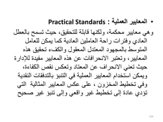 •
‫العملية‬ ‫المعايير‬
:
Practical Standards
‫ب‬ ‫تسمح‬ ‫حيث‬ ،‫للتحقيق‬ ‫قابلة‬ ‫ولكنها‬ ،‫محكمة‬ ‫معايير‬ ‫وهي‬
‫العطل‬
‫للعامل‬ ‫يمكن‬ ‫كما‬ ‫العادية‬ ‫العاملين‬ ‫راحة‬ ‫وفترات‬ ‫العادي‬
‫هذ‬ ‫تحقيق‬ ‫والكفء‬ ‫المعقول‬ ‫المعتدل‬ ‫بالمجهود‬ ‫المتوسط‬
‫ه‬
‫مفيدة‬ ‫المعايير‬ ‫هذه‬ ‫عن‬ ‫االنحرافات‬ ‫وتعتبر‬ ،‫المعايير‬
‫لإلدارة‬
‫الكفاء‬ ‫نقص‬ ‫وتعكس‬ ‫المعتاد‬ ‫عن‬ ‫االنحراف‬ ‫تعني‬ ‫حيث‬
،‫ة‬
‫بالتدف‬ ‫التنبؤ‬ ‫في‬ ‫العملية‬ ‫المعايير‬ ‫استخدام‬ ‫ويمكن‬
‫النقدية‬ ‫قات‬
‫ا‬ ‫المثالية‬ ‫المعايير‬ ‫عكس‬ ‫على‬ ، ‫المخزون‬ ‫تخطيط‬ ‫وفي‬
‫لتي‬
‫صح‬ ‫غير‬ ‫تنبؤ‬ ‫وإلى‬ ‫واقعي‬ ‫غير‬ ‫تخطيط‬ ‫إلى‬ ‫عادة‬ ‫تؤدي‬
‫يح‬
124
 