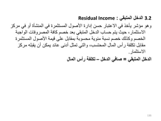 3.2
‫المتبقي‬ ‫الدخل‬
:
Residual Income
‫ف‬ ‫أو‬ ‫المنشأة‬ ‫في‬ ‫المستثمرة‬ ‫األصول‬ ‫إدارة‬ ‫حسن‬ ‫االعتبار‬ ‫في‬ ‫يأخذ‬ ‫مؤشر‬ ‫وهو‬
‫مركز‬ ‫ي‬
‫المصروفات‬ ‫كافة‬ ‫خصم‬ ‫بعد‬ ‫المتبقي‬ ‫الدخل‬ ‫حساب‬ ‫يتم‬ ‫حيث‬ ،‫االستثمار‬
‫الواجبة‬
‫المس‬ ‫األصول‬ ‫قيمة‬ ‫على‬ ‫بمقابل‬ ‫محسوبة‬ ‫مئوية‬ ‫نسبة‬ ‫خصم‬ ‫وكذلك‬ ‫الخصم‬
‫تثمرة‬
‫يقب‬ ‫أن‬ ‫يمكن‬ ‫عائد‬ ‫أدنى‬ ‫تمثل‬ ‫والتي‬ ،‫المحتسب‬ ‫المال‬ ‫رأس‬ ‫تكلفة‬ ‫مقابل‬
‫مركز‬ ‫له‬
‫االستثمار‬
.
‫المتبقي‬ ‫الدخل‬
=
‫الدخل‬ ‫صافي‬
–
‫المال‬ ‫رأس‬ ‫تكلفة‬
130
 