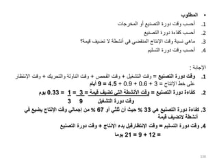 •
‫المطلوب‬
.1
‫المخرجات‬ ‫أو‬ ‫التصنيع‬ ‫دورة‬ ‫وقت‬ ‫أحسب‬
.2
‫التصنيع‬ ‫دورة‬ ‫كفاءة‬ ‫أحسب‬
.3
‫قيمة؟‬ ‫تضيف‬ ‫ال‬ ‫أنشطة‬ ‫في‬ ‫المنقضي‬ ‫اإلنتاج‬ ‫وقت‬ ‫نسبة‬ ‫ماهي‬
.4
‫التسليم‬ ‫دورة‬ ‫وقت‬ ‫أحسب‬
‫اإلجابة‬
:
.1
‫التصنيع‬ ‫دورة‬ ‫وقت‬
=
‫التشغيل‬ ‫وقت‬
+
‫الفحص‬ ‫وقت‬
+
‫والتحريك‬ ‫الناولة‬ ‫وقت‬
+
‫وقت‬
‫اإلنتظار‬
‫اإلنتاج‬ ‫خط‬ ‫على‬
=
3
+
0.6
+
0.9
+
4.5
=
9
‫أيام‬
.2
‫التصنيع‬ ‫دورة‬ ‫كفاءة‬
=
‫قيمة‬ ‫تضيف‬ ‫التي‬ ‫األنشطة‬ ‫وقت‬
=
3
=
1
=
0.33
‫يوم‬
‫التشغيل‬ ‫دورة‬ ‫وقت‬
9
3
3
.
‫هي‬ ‫التصنيع‬ ‫دورة‬ ‫كفاءة‬
33
%
‫أو‬ ‫ثلثي‬ ‫أن‬ ‫حيث‬
67
%
‫في‬ ‫يضيع‬ ‫اإلنتاج‬ ‫وقت‬ ‫إجمالي‬ ‫من‬
‫قيمة‬ ‫التضيف‬ ‫أنشطة‬
4
.
‫التسليم‬ ‫دورة‬ ‫وقت‬
=
‫اإلنتاج‬ ‫بدء‬ ‫اإلنتظارقبل‬ ‫وقت‬
+
‫التصنيع‬ ‫دورة‬ ‫وقت‬
=
12
+
9
=
21
‫يوما‬
138
 