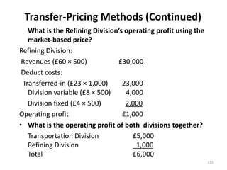 Transfer-Pricing Methods (Continued)
What is the Refining Division’s operating profit using the
market-based price?
Refining Division:
Revenues (£60 × 500) £30,000
Deduct costs:
Transferred-in (£23 × 1,000) 23,000
Division variable (£8 × 500) 4,000
Division fixed (£4 × 500) 2,000
Operating profit £1,000
• What is the operating profit of both divisions together?
Transportation Division £5,000
Refining Division 1,000
Total £6,000
155
 