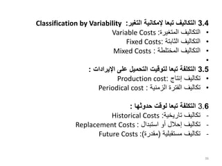 3.4
‫التغير‬ ‫إلمكانية‬ ‫تبعا‬ ‫التكاليف‬
:
Classification by Variability
•
‫المتغيرة‬ ‫التكاليف‬
:
Variable Costs
•
‫الثابتة‬ ‫التكاليف‬
:
Fixed Costs
•
‫المختلطة‬ ‫التكاليف‬
:
Mixed Costs
•
3.5
‫اإليرادات‬ ‫على‬ ‫التحميل‬ ‫لتوقيت‬ ‫تبعا‬ ‫التكلفة‬
:
•
‫إنتاج‬ ‫تكاليف‬
:
Production cost
•
‫الزمنية‬ ‫الفترة‬ ‫تكاليف‬
:
Periodical cost
3.6
‫حدوثها‬ ‫لوقت‬ ‫تبعا‬ ‫التكلفة‬
:
-
‫تاريخية‬ ‫تكاليف‬
:
Historical Costs
-
‫استبدال‬ ‫أو‬ ‫إحالل‬ ‫تكاليف‬
:
Replacement Costs
-
‫مستقبلية‬ ‫تكاليف‬
(
‫مقدرة‬
:)
Future Costs
36
 