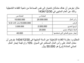 ‫مثال‬
:
‫الكفاء‬ ‫ناحية‬ ‫من‬ ‫الصناعة‬ ‫نفس‬ ‫إلى‬ ‫تنتميان‬ ‫منشأتان‬ ‫هناك‬ ‫أن‬ ‫بفرض‬
‫التشغيلية‬ ‫ة‬
‫في‬ ‫المنتهي‬ ‫العام‬ ‫عن‬ ‫وذلك‬
1434/12/30
‫المطلوب‬
:
‫في‬ ‫المنتهية‬ ‫السنة‬ ‫عن‬ ‫التشغيلية‬ ‫الكفاءة‬ ‫مقارنة‬
1434/12/30
‫أن‬ ‫بفرض‬
‫السوق‬ ‫في‬ ‫المستثمر‬ ‫المال‬ ‫رأس‬ ‫على‬ ‫العائد‬ ‫معدل‬
%
10
‫المثل‬ ‫إيجار‬ ‫قيمة‬ ‫وان‬
‫المنشأة‬ ‫لمباني‬
(
‫س‬
)
‫هو‬
50.000
‫لاير‬
.
45
‫المنشأة‬
‫ص‬ ‫المنشأة‬
‫س‬
10.000.000 20.000.000 ‫المال‬ ‫رأس‬
10.000.000
‫الفائدة‬ ‫معدل‬
6
% - ‫قرض‬
2.000.000 2.500.000 ‫السنوي‬ ‫الربح‬
20.000 ‫سنوي‬ ‫استهالك‬ ‫قسط‬
40.000 - ‫إيجار‬
‫تس‬ ‫التي‬ ‫للمباني‬ ‫سنوي‬
‫تخدمها‬
 