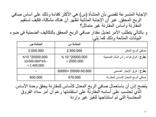 ‫المنشأة‬ ‫بأن‬ ‫تقضي‬ ‫المتسرعة‬ ‫اإلجابة‬
(
‫س‬
)
‫أساس‬ ‫على‬ ‫وذلك‬ ‫كفاءة‬ ‫األكثر‬ ‫هي‬
‫صافي‬
‫المحقق‬ ‫الربح‬
.
‫تس‬ ‫فكيف‬ ،‫مشكلة‬ ‫هناك‬ ‫أن‬ ‫تظهر‬ ‫المتأنية‬ ‫اإلجابة‬ ‫أن‬ ‫غير‬
‫تقيم‬
‫متماثل؟‬ ‫غير‬ ‫المقارنة‬ ‫وأساس‬ ‫المقارنة‬
‫ال‬ ‫بالتكاليف‬ ‫المحقق‬ ‫الربح‬ ‫صافي‬ ‫مقدار‬ ‫تعديل‬ ‫األمر‬ ‫يتطلب‬ ‫بالتالي‬ ‫و‬
‫ضوء‬ ‫في‬ ‫ضمنية‬
‫يلي‬ ‫كما‬ ‫وذلك‬ ‫المتاحة‬ ‫البيانات‬
:
‫ا‬ ‫وحدة‬ ‫يحقق‬ ‫للمقارنة‬ ‫كأساس‬ ‫المعدل‬ ‫الربح‬ ‫صافي‬ ‫باستعمال‬ ‫أن‬ ‫إذن‬ ‫يتضح‬
‫ألساس‬
‫تحتسب‬ ‫الذي‬
‫ع‬
‫لى‬
‫أ‬
‫الفروق‬ ‫سداد‬ ‫أمر‬ ‫أن‬ ‫رغم‬ ‫استقامتها‬ ‫على‬ ‫المقارنة‬ ‫ساسه‬
‫واردة‬ ‫غير‬ ‫للغير‬ ‫استنتاجها‬ ‫تم‬ ‫التي‬ ‫المحتسبة‬
46
‫المنشأة‬
‫ص‬ ‫المنشأة‬
‫س‬
2.000.000 2.500.000 ‫المعلن‬ ‫الربح‬ ‫صافي‬
20000.000
*
10
%
-
10.000.000*6%
-
= 1.400.000
20000.000
*
10
%
2000.000
=
‫يطرح‬
:
‫الضمنية‬ ‫المال‬ ‫رأس‬ ‫فوائد‬ ‫فرق‬
- 50.000
-
20000
=
30000 ‫يطرح‬
:
‫الضمني‬ ‫اإليجار‬ ‫فرق‬
600.000 470.000 ‫للمقارنة‬ ‫كأساس‬ ‫المعدل‬ ‫الربح‬ ‫صافي‬
 
