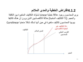4.1.2
‫المالئم‬ ‫والمدى‬ ‫الخطية‬ ‫افتراض‬
‫خطية‬ ‫عالقة‬ ‫وجود‬ ‫المحاسبون‬ ‫يرى‬
Linear
‫التك‬ ‫بين‬ ‫المتغيرة‬ ‫التكاليف‬ ‫لسلوك‬
‫لفة‬
‫والحجم‬
(
‫السلمية‬ ‫التكاليف‬ ‫إال‬
)
‫هنا‬ ‫أن‬ ‫يرون‬ ‫الذين‬ ‫لالقتصاديين‬ ‫خالفا‬
‫ك‬
‫تكاليفا‬
‫منحنيا‬ ‫شكال‬ ‫تسلك‬ ‫أنها‬ ‫حين‬ ‫في‬ ‫متغيرة‬ ‫تكاليف‬ ‫المحاسبون‬ ‫يبوبها‬
Curvilinear
53
‫المالئ‬ ‫المدى‬
‫م‬
‫الحجم‬
‫التكالي‬
‫ف‬
‫الخطي‬ ‫التقريب‬
‫للمحاسبين‬
‫غير‬ ‫التكاليف‬ ‫دالة‬
‫لالقتصاديين‬ ‫الخطية‬
 
