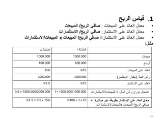 .1
‫الربح‬ ‫قياس‬
•
‫المبيعات‬ ‫على‬ ‫العائد‬ ‫معدل‬
:
‫الربح‬ ‫صافي‬
/
‫المبيعات‬
•
‫االستثمار‬ ‫على‬ ‫العائد‬ ‫معدل‬
:
‫الربح‬ ‫صافي‬
/
‫االستثمارات‬
•
‫االستثمار‬ ‫على‬ ‫العائد‬ ‫معدل‬
=
‫الربح‬ ‫صافي‬
/
‫المبيعات‬
x
‫المبيعات‬
/
‫االستثمارات‬
‫مثال‬
:
66
‫المنشأة‬
‫ب‬ ‫المنشأة‬
‫أ‬
1000.000 1000.000 ‫مبيعات‬
150.000 100.000 ‫أرباح‬
15% 10
% ‫العائد‬
‫على‬
‫المبيعات‬
2000.000 1000.000 ‫رأس‬
‫المال‬
(
‫مقدار‬
‫االستثمار‬
)
7.5
% 10
% ‫العائد‬
‫على‬
‫االستثمار‬
1000.000/2000.000
=
0.5 1000.000/1000.000
=
1 =
‫معدل‬
‫دوران‬
‫رأس‬
‫المال‬
=
‫المبيعات‬
/
‫االستثمارات‬
%
15
x
0.5
=
7.5
% 10
% = 1 x
10
% ‫معدل‬
‫العائد‬
‫على‬
‫االستثمار‬
‫بطريقة‬
‫عير‬
‫مباش‬
‫رة‬
=
‫صافي‬
‫الربح‬
/
‫المبيعات‬
x
‫المبيعات‬
/
‫االستثمارات‬
 