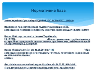 Закон України «Про освіту» від 05.09.2017 № 2145-VIII 2145-19
Положення про сертифікацію педагогічних працівників,
затверджене постановою Кабінету Міністрів України від 27.12.2018 №1190
Наказ Міністерства освіти і науки України від
29.12.2018 «Про встановлення строків подання р
еєстраційних документів педагогічними працівниками, які бажають прой
ти сертифікацію у 2019 році»
Наказ Мінсоцполітики від 10.08.2018 № 1143 "Про
затвердження професійного стандарту "Вчитель початкових класів закла
ду загальної середньої
освіти«
Лист Міністерства освіти і науки України від 04.01.2019 № 1/9-8
«Про добровільність сертифікації педагогічних працівників»
Нормативна база
 