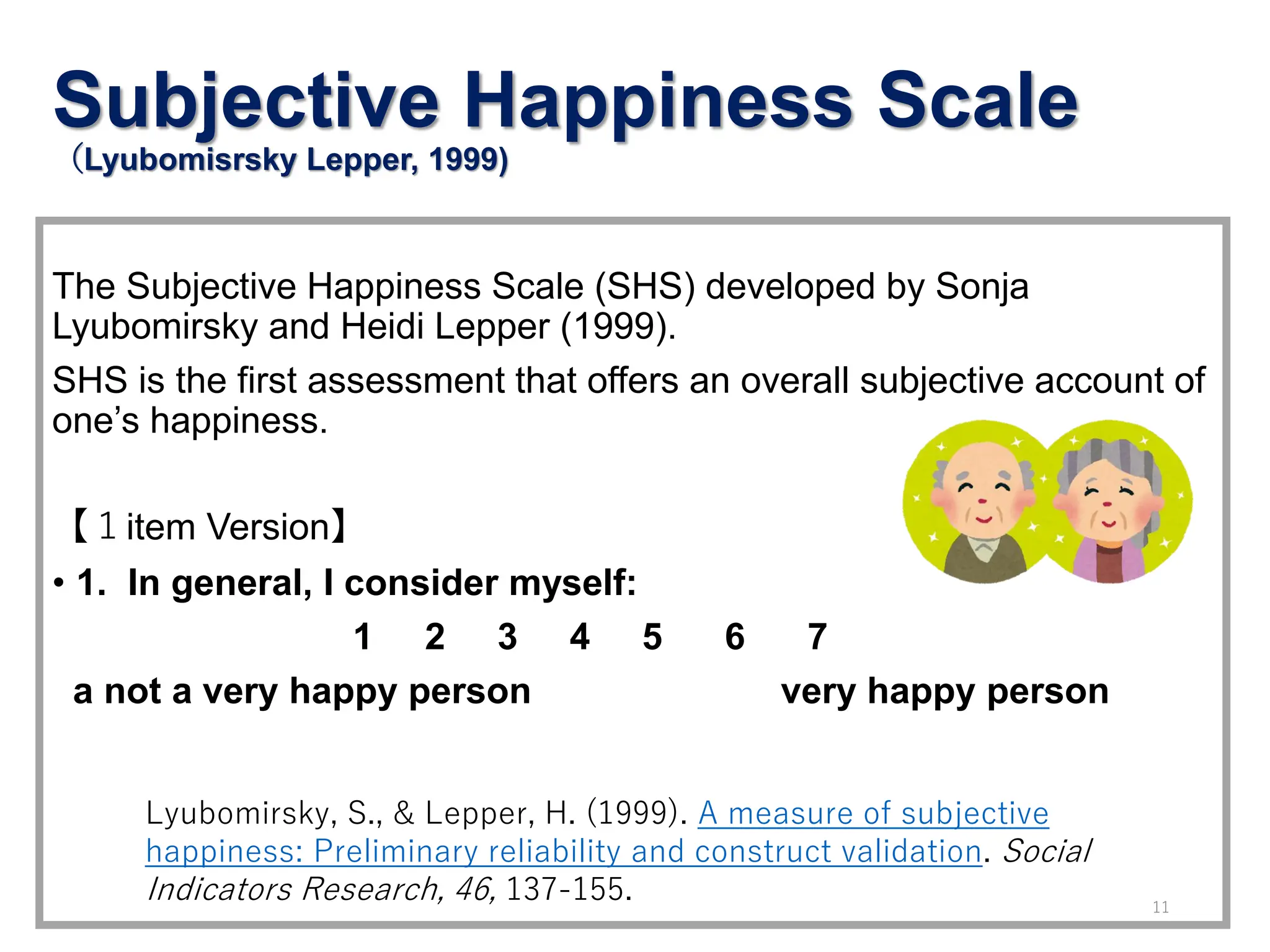 Subjective Happiness Scale
（Lyubomisrsky Lepper, 1999)
The Subjective Happiness Scale (SHS) developed by Sonja
Lyubomirsky and Heidi Lepper (1999).
SHS is the first assessment that offers an overall subjective account of
one’s happiness.
【１item Version】
• 1. In general, I consider myself:
1 2 3 4 5 6 7
a not a very happy person very happy person
Lyubomirsky, S., & Lepper, H. (1999). A measure of subjective
happiness: Preliminary reliability and construct validation. Social
Indicators Research, 46, 137-155. 11
 