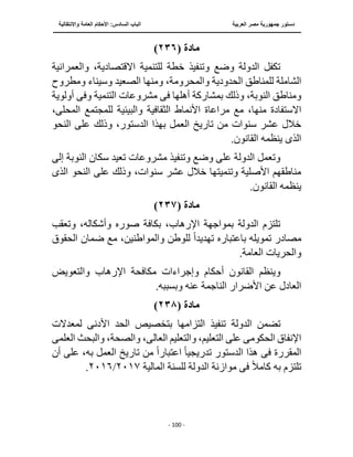 ‫العربية‬ ‫مصر‬ ‫جمهورية‬ ‫دستور‬
‫الساد‬ ‫الباب‬
‫واالنتقالية‬ ‫العامة‬ ‫األحكام‬ :‫س‬
‫ــــــــــــــــــــــــــــــــــــــــــــــــــــ‬
‫ـــــــــــــــــــــ‬
‫ــــــــــــــ‬
‫ــــــــــــــــــــــــــــــــــــــــــــــــــــــــــــ‬
‫ـــــــــــــــــــــــــــــــــــــــــــــــ‬
‫ـــ‬
- 100 -
‫مادة‬
(
٢٣٦
)
‫والعمرانية‬ ،‫االقتصادية‬ ‫للتنمية‬ ‫خطة‬ ‫وتنفيذ‬ ‫وضع‬ ‫الدولة‬ ‫تكفل‬
‫ومطروح‬ ‫وسيناء‬ ‫الصعيد‬ ‫ومنها‬ ،‫والمحرومة‬ ‫الحدودية‬ ‫للمناطق‬ ‫الشاملة‬
‫أهلها‬ ‫بمشاركة‬ ‫وذلك‬ ،‫النوبة‬ ‫ومناطق‬
‫فى‬
‫وف‬ ‫التنمية‬ ‫مشروعات‬
‫ى‬
‫أولوية‬
‫منه‬ ‫االستفادة‬
‫األنماط‬ ‫مراعاة‬ ‫مع‬ ،‫ا‬
‫المحل‬ ‫للمجتمع‬ ‫والبيئية‬ ‫الثقافية‬
‫ى‬
،
‫النحو‬ ‫على‬ ‫وذلك‬ ،‫الدستور‬ ‫بهذا‬ ‫العمل‬ ‫تاريخ‬ ‫من‬ ‫سنوات‬ ‫عشر‬ ‫خالل‬
‫الذى‬
.‫القانون‬ ‫ينظمه‬
‫إلى‬ ‫النوبة‬ ‫سكان‬ ‫تعيد‬ ‫مشروعات‬ ‫وتنفيذ‬ ‫وضع‬ ‫على‬ ‫الدولة‬ ‫وتعمل‬
‫النحو‬ ‫على‬ ‫وذلك‬ ،‫سنوات‬ ‫عشر‬ ‫خالل‬ ‫وتنميتها‬ ‫األصلية‬ ‫مناطقهم‬
‫الذى‬
‫ينظم‬
.‫القانون‬ ‫ه‬
‫مادة‬
(
٢٣٧
)
‫وتعقب‬ ،‫وأشكاله‬ ‫صوره‬ ‫بكافة‬ ،‫اإلرهاب‬ ‫بمواجهة‬ ‫الدولة‬ ‫تلتزم‬
‫تمويله‬ ‫مصادر‬
‫باعتباره‬
‫تهديد‬
ً‫ا‬
‫الحقوق‬ ‫ضمان‬ ‫مع‬ ،‫والمواطنين‬ ‫للوطن‬
.‫العامة‬ ‫والحريات‬
‫والتعويض‬ ‫اإلرهاب‬ ‫مكافحة‬ ‫وإجراءات‬ ‫أحكام‬ ‫القانون‬ ‫وينظم‬
.‫وبسببه‬ ‫عنه‬ ‫الناجمة‬ ‫األضرار‬ ‫عن‬ ‫العادل‬
‫مادة‬
(
٢٣٨
)
‫تضمن‬
‫الدولة‬
‫لمعدالت‬ ‫األدنى‬ ‫الحد‬ ‫بتخصيص‬ ‫التزامها‬ ‫تنفيذ‬
‫الحك‬ ‫اإلنفاق‬
‫وم‬
‫ى‬
‫العال‬ ‫والتعليم‬ ،‫التعليم‬ ‫على‬
‫ى‬
‫والصح‬ ،
‫العلم‬ ‫والبحث‬ ،‫ة‬
‫ى‬
‫المقررة‬
‫فى‬
‫تدريجي‬ ‫الدستور‬ ‫هذا‬
ً‫ا‬
ً‫ا‬‫اعتبار‬
‫تاريخ‬ ‫من‬
‫أن‬ ‫على‬ ،‫به‬ ‫العمل‬
ً‫ال‬‫كام‬ ‫به‬ ‫تلتزم‬
‫فى‬
‫المالية‬ ‫للسنة‬ ‫الدولة‬ ‫موازنة‬
٢٠١٧
/
٢٠١٦
.
 