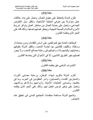 ‫الع‬ ‫مصر‬ ‫جمهورية‬ ‫دستور‬
‫ربية‬
‫ال‬ ‫الباب‬
‫للمجتمع‬ ‫األساسية‬ ‫المقومات‬ :‫ثانى‬
‫ا‬
‫االجتماعيـــــة‬ ‫المقومـــــات‬ :‫األول‬ ‫لفصل‬
‫ــــــــــــــــــــ‬
‫ـــــــــــــــــــــــــــــــــ‬
‫ـــــــــــــــــــــ‬
‫ـــــــــــــ‬
‫ــــــــــــــــــــــــــــــــــــــــــــــــــــــــــــ‬
‫ـــــــــــــــــــــــــــــــــــــــــــــــ‬
‫ــــ‬
- 10 -
( ‫مادة‬
13
)
‫عل‬ ‫بالحفاظ‬ ‫الدولة‬ ‫تلتزم‬
‫ى‬
‫على‬ ‫وتعمل‬ ،‫العمال‬ ‫حقوق‬
‫عالقات‬ ‫بناء‬
‫طرف‬ ‫بين‬ ‫متوازنة‬ ‫عمل‬
‫ى‬
،‫االنتاجية‬ ‫العملية‬
‫التفاوض‬ ‫سبل‬ ‫وتكفل‬
‫الج‬
‫م‬
‫اع‬
‫ى‬
‫شروط‬ ‫وتوافر‬ ‫العمل‬ ‫مخاطر‬ ‫من‬ ‫العمال‬ ‫حماية‬ ‫على‬ ‫وتعمل‬ ،
‫والسالمة‬ ‫األمن‬
‫وا‬
‫تعسفي‬ ‫فصلهم‬ ‫ويحظر‬ ،‫المهنية‬ ‫لصحة‬
ً‫ا‬
‫على‬ ‫كله‬ ‫وذلك‬ ،
‫الذ‬ ‫النحو‬
‫ى‬
.‫القانون‬ ‫ينظمه‬
( ‫مادة‬
14
)
‫أو‬ ‫محاباة‬ ‫ودون‬ ،‫الكفاءة‬ ‫أساس‬ ‫على‬ ‫للمواطنين‬ ‫حق‬ ‫العامة‬ ‫الوظائف‬
‫لخدمة‬ ‫بها‬ ‫للقائمين‬ ‫وتكليف‬ ،‫وساطة‬
‫ال‬
‫حقوقهم‬ ‫الدولة‬ ‫وتكفل‬ ،‫شعب‬
‫وحم‬
‫ف‬ ‫واجباتهم‬ ‫بأداء‬ ‫وقيامهم‬ ،‫ايتهم‬
‫ى‬
‫يجوز‬ ‫وال‬ ،‫الشعب‬ ‫مصالح‬ ‫رعاية‬
‫التأديب‬ ‫الطريق‬ ‫بغير‬ ‫فصلهم‬
‫ى‬
‫ف‬ ‫إال‬ ،
‫ى‬
‫الت‬ ‫األحوال‬
‫ى‬
.‫القانون‬ ‫يحددها‬
( ‫مادة‬
15
)
.‫القانون‬ ‫ينظمه‬ ‫حق‬ ‫السلمي‬ ‫اإلضراب‬
( ‫مادة‬
16
)
‫ورعاية‬ ،‫الوطن‬ ‫شهداء‬ ‫بتكريم‬ ‫الدولة‬ ‫تلتزم‬
‫مصاب‬
‫ى‬
،‫الثورة‬
‫المفقودين‬ ‫وأسر‬ ،‫والمصابين‬ ‫القدماء‬ ‫والمحاربين‬
‫ف‬
‫ى‬
‫ف‬ ‫وما‬ ‫الحرب‬
‫ى‬
‫ومصاب‬ ،‫حكمها‬
‫ى‬
،‫ووالديهم‬ ‫وأوالدهم‬ ‫وأزواجهم‬ ،‫األمنية‬ ‫العمليات‬
‫توفير‬ ‫على‬ ‫وتعمل‬
‫فر‬
‫الذ‬ ‫النحو‬ ‫على‬ ‫وذلك‬ ،‫لهم‬ ‫العمل‬ ‫ص‬
‫ى‬
‫ينظمه‬
.‫القانون‬
‫الد‬ ‫وتشجع‬
‫المدن‬ ‫المجتمع‬ ‫منظمات‬ ‫مساهمة‬ ‫ولة‬
‫ى‬
‫ف‬
‫ى‬
‫تحقيق‬
‫هذه‬
.‫األهداف‬
 