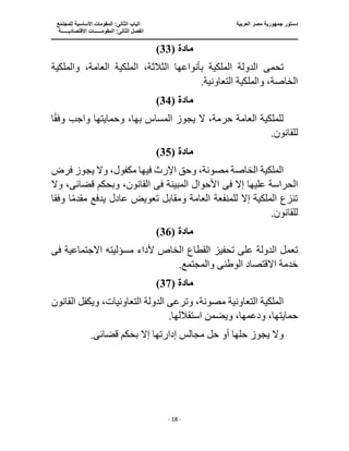 ‫جمهو‬ ‫دستور‬
‫العربية‬ ‫مصر‬ ‫رية‬
‫ال‬ ‫الباب‬
‫للمجتمع‬ ‫األساسية‬ ‫المقومات‬ :‫ثانى‬
‫ا‬
‫االقتصاديــــــة‬ ‫المقومــــــات‬ :‫الثانى‬ ‫لفصل‬
‫ـــــــ‬
‫ــــــــــــــــــــــــــــــــــــــــــــــ‬
‫ـــــــــــــــــــــ‬
‫ـــــــــــــ‬
‫ــــــــــــــــــــــــــــــــــــــــــــــــــــــــــــ‬
‫ـــــــــــــــــــــــــــــــــــــــــــــــ‬
‫ــــ‬
- 18 -
‫مادة‬
(
33
)
‫تحم‬
‫ى‬
‫الثالثة‬ ‫بأنواعها‬ ‫الملكية‬ ‫الدولة‬
،
‫والملكية‬ ،‫العامة‬ ‫الملكية‬
.‫التعاونية‬ ‫والملكية‬ ،‫الخاصة‬
‫مادة‬
(
34
)
‫وح‬ ،‫بها‬ ‫المساس‬ ‫يجوز‬ ‫ال‬ ،‫حرمة‬ ‫العامة‬ ‫للملكية‬
‫ا‬ً‫ق‬‫وف‬ ‫واجب‬ ‫مايتها‬
.‫للقانون‬
‫مادة‬
(
35
)
‫و‬ ،‫مكفول‬ ‫فيها‬ ‫اإلرث‬ ‫وحق‬ ،‫مصونة‬ ‫الخاصة‬ ‫الملكية‬
‫فرض‬ ‫يجوز‬ ‫ال‬
‫ف‬ ‫إال‬ ‫عليها‬ ‫الحراسة‬
‫ى‬
‫المبينة‬ ‫األحوال‬
‫فى‬
‫قضائ‬ ‫وبحكم‬ ،‫القانون‬
‫ى‬
‫وال‬ ،
‫تعويض‬ ‫ومقابل‬ ‫العامة‬ ‫للمنفعة‬ ‫إال‬ ‫الملكية‬ ‫تنزع‬
‫وفق‬ ‫ا‬ً‫م‬‫مقد‬ ‫يدفع‬ ‫عادل‬
‫ا‬
.‫للقانون‬
‫مادة‬
(
36
)
‫تعمل‬
‫ا‬ ‫القطاع‬ ‫تحفيز‬ ‫على‬ ‫الدولة‬
‫ف‬ ‫االجتماعية‬ ‫مسؤليته‬ ‫ألداء‬ ‫لخاص‬
‫ى‬
‫الوطن‬ ‫االقتصاد‬ ‫خدمة‬
‫ى‬
.‫والمجتمع‬
‫مادة‬
(
37
)
‫القانون‬ ‫ويكفل‬ ،‫التعاونيات‬ ‫الدولة‬ ‫وترعى‬ ،‫مصونة‬ ‫التعاونية‬ ‫الملكية‬
.‫استقاللها‬ ‫ويضمن‬ ،‫ودعمها‬ ،‫حمايتها‬
‫وال‬
‫أو‬ ‫حلها‬ ‫يجوز‬
‫قضائ‬ ‫بحكم‬ ‫إال‬ ‫إدارتها‬ ‫مجالس‬ ‫حل‬
‫ى‬
.
 