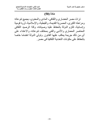 ‫العربية‬ ‫مصر‬ ‫جمهورية‬ ‫دستور‬
‫ال‬ ‫الباب‬
‫للمجتمع‬ ‫األساسية‬ ‫المقومات‬ :‫ثانى‬
‫ا‬
‫الثقافيــ‬ ‫المقومــــــــات‬ :‫الثالث‬ ‫لفصل‬
‫ــــــة‬
‫ـــــــــــــــــــــــــــــــــــــــــــــــــــــ‬
‫ـــــــــــــــــــــ‬
‫ـــــــــــــ‬
‫ــــــــــــــــــــــــــــــــــــــــــــــــــــــــــــ‬
‫ـــــــــــــــــــــــــــــــــــــــــــــــ‬
‫ــــ‬
- 23 -
‫مادة‬
(
50
)
‫الحضار‬ ‫مصر‬ ‫تراث‬
‫ى‬
‫والثقاف‬
‫ى‬
‫الماد‬ ،
‫ى‬
‫والمعنو‬
‫ى‬
‫تنوعاته‬ ‫بجميع‬ ،
،‫القديمة‬ ‫المصرية‬ ،‫الكبرى‬ ‫ومراحله‬
‫واإلسالمي‬ ،‫والقبطية‬
‫قومية‬ ‫ثروة‬ ،‫ة‬
‫ع‬ ‫بالحفاظ‬ ‫الدولة‬ ‫تلتزم‬ ،‫وإنسانية‬
‫الثقاف‬ ‫الرصيد‬ ‫وكذا‬ ،‫وصيانته‬ ‫ليه‬
‫ى‬
‫المعمار‬ ‫المعاصر‬
‫ى‬
‫واأل‬
‫دب‬
‫ى‬
‫والفن‬
‫ى‬
‫ع‬ ‫واالعتداء‬ ،‫تنوعاته‬ ‫بمختلف‬
‫لى‬
‫أ‬
‫ى‬
.‫القانون‬ ‫عليها‬ ‫يعاقب‬ ‫جريمة‬ ‫ذلك‬ ‫من‬
‫وتول‬
‫ى‬
‫خاص‬ ‫اهتماما‬ ‫الدولة‬
‫ا‬
‫بالحفاظ‬
‫ف‬ ‫الثقافية‬ ‫التعددية‬ ‫مكونات‬ ‫على‬
‫ى‬
.‫مصر‬
 