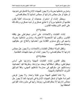 ‫العربية‬ ‫مصر‬ ‫جمهورية‬ ‫دستور‬
:‫الثالث‬ ‫الباب‬
‫والح‬ ‫الحقوق‬
‫العامة‬ ‫والواجبات‬ ‫ريات‬
‫ـــــــــــــــــــــــــــــــــــــــــــــــــــــ‬
‫ـــــــــــــــــــــ‬
‫ـــــــــــــ‬
‫ــــــــــــــــــــــــــــــــــــــــــــــــــــــــــــ‬
‫ـــــــــــــــ‬
‫ــــــــــــــــــــــــــــــــ‬
‫ــــ‬
- 32 -
‫اإلدار‬ ‫للجهات‬ ‫يجوز‬ ‫وال‬ ،‫بحرية‬ ‫نشاطها‬ ‫وتمارس‬
‫ف‬ ‫التدخل‬ ‫ية‬
‫ى‬
،‫شئونها‬
‫أو‬ ‫إداراتها‬ ‫مجالس‬ ‫حل‬ ‫أو‬ ‫حلها‬ ‫أو‬
‫قضائ‬ ‫بحكم‬ ‫إال‬ ‫أمنائها‬ ‫مجالس‬
‫ى‬
.
‫استمرار‬ ‫أو‬ ‫إنشاء‬ ‫ويحظر‬
‫مؤسسات‬ ‫أو‬ ‫جمعيات‬
‫يكون‬ ‫أهلية‬
‫سري‬ ‫نشاطها‬ ‫أو‬ ‫نظامها‬
ً‫ا‬
‫عسكر‬ ‫طابع‬ ‫ذا‬ ‫أو‬
‫ى‬
‫أو‬
‫عسكر‬ ‫شبه‬
‫ى‬
‫كله‬ ‫وذلك‬ ،
‫الذ‬ ‫النحو‬ ‫على‬
‫ى‬
.‫القانون‬ ‫ينظمه‬
‫مادة‬
(
٧٦
)
‫واال‬ ‫النقابات‬ ‫إنشاء‬
‫ديمقراط‬ ‫أساس‬ ‫على‬ ‫تحادات‬
‫ى‬
‫يكفله‬ ‫حق‬
،‫االعتبارية‬ ‫الشخصية‬ ‫لها‬ ‫وتكون‬ .‫القانون‬
،‫بحرية‬ ‫نشاطها‬ ‫وتمارس‬
‫ف‬ ‫وتسهم‬
‫ى‬
‫رفع‬
،‫حقوقهم‬ ‫عن‬ ‫والدفاع‬ ‫أعضائها‬ ‫بين‬ ‫الكفاءة‬ ‫مستوى‬
‫وحماية‬
.‫مصالحهم‬
‫يجوز‬ ‫وال‬ ،‫واالتحادات‬ ‫النقابات‬ ‫استقالل‬ ‫الدولة‬ ‫وتكفل‬
‫مجالس‬ ‫حل‬
‫قضائ‬ ‫بحكم‬ ‫إال‬ ‫إدارتها‬
‫ى‬
،
‫وال‬
‫أ‬ ‫إنشاء‬ ‫يجوز‬
‫ى‬
.‫النظامية‬ ‫بالهيئات‬ ‫منها‬
‫مادة‬
(
٧٧
)
‫ال‬ ‫النقابات‬ ‫إنشاء‬ ‫القانون‬ ‫ينظم‬
‫أساس‬ ‫على‬ ‫وإدارتها‬ ‫مهنية‬
‫ديمق‬
‫راط‬
‫ى‬
،‫مواردها‬ ‫ويحدد‬ ‫استقاللها‬ ‫ويكفل‬ ،
‫قيد‬ ‫وطريقة‬
،‫أعضائها‬
‫ف‬ ‫سلوكهم‬ ‫عن‬ ‫ومساءلتهم‬
‫ى‬
‫المهن‬ ‫نشاطهم‬ ‫ممارسة‬
‫ى‬
‫وفق‬ ،
ً‫ا‬
‫لمواثيق‬
.‫والمهنية‬ ‫األخالقية‬ ‫الشرف‬
‫فرض‬ ‫يجوز‬ ‫وال‬ .‫واحدة‬ ‫نقابة‬ ‫سوى‬ ‫المهنة‬ ‫لتنظيم‬ ‫تنشأ‬ ‫وال‬
‫الحراسة‬
‫اإلدارية‬ ‫الجهات‬ ‫تدخل‬ ‫أو‬ ‫عليها‬
‫فى‬
‫يجوز‬ ‫ال‬ ‫كما‬ ،‫شئونها‬
‫حل‬
‫قضائ‬ ‫بحكم‬ ‫إال‬ ‫إدارتها‬ ‫مجالس‬
‫ى‬
‫ف‬ ‫رأيها‬ ‫ويؤخذ‬ ،
‫ى‬
‫القوانين‬ ‫مشروعات‬
.‫بها‬ ‫المتعلقة‬
 