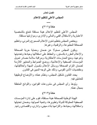 ‫العربية‬ ‫مصر‬ ‫جمهورية‬ ‫دستور‬
‫ا‬
‫الحـــكــــــــم‬ ‫نظـــام‬ :‫الخامس‬ ‫لباب‬
‫ــــــــــــــــــــــــــــــــــــــــــــــــــــ‬
‫ـــــــــــــــــــــ‬
‫ــــــــــــــ‬
‫ــــــــــــــــــــــــــــــــــــــــــــــــــــــــــــ‬
‫ـــــــــــــــــــــــــــــــــــــــــــــــ‬
‫ـــ‬
- 90 -
‫العاشر‬ ‫الفصل‬
‫اإلعالم‬ ‫لتنظيم‬ ‫األعلى‬ ‫المجلس‬
‫ــــــــ‬
‫مادة‬
(
٢١١
)
‫بالشخصية‬ ‫تتمتع‬ ‫مستقلة‬ ‫هيئة‬ ‫اإلعالم‬ ‫لتنظيم‬ ‫األعلى‬ ‫المجلس‬
‫اال‬
‫واالستق‬ ‫عتبارية‬
‫والمال‬ ‫الفني‬ ‫الل‬
‫ى‬
‫واإلدار‬
‫ى‬
.‫مستقلة‬ ‫وموازنتها‬ ،
‫بتن‬ ‫المجلس‬ ‫ويختص‬
‫والمرئ‬ ‫المسموع‬ ‫اإلعالم‬ ‫شئون‬ ‫ظيم‬
‫ى‬
‫وتنظيم‬ ،
.‫وغيرها‬ ،‫والرقمية‬ ،‫المطبوعة‬ ‫الصحافة‬
‫و‬ ‫ضمان‬ ‫عن‬ ً
‫مسئوال‬ ‫المجلس‬ ‫ويكون‬
‫الصحافة‬ ‫حرية‬ ‫حماية‬
‫وتعدديتها‬ ‫وحيادها‬ ‫استقاللها‬ ‫على‬ ‫والحفاظ‬ ،‫بالدستور‬ ‫المقررة‬ ‫واإلعالم‬
‫و‬
‫تمويل‬ ‫مصادر‬ ‫سالمة‬ ‫ومراقبة‬ ،‫االحتكارية‬ ‫الممارسات‬ ‫ومنع‬ ،‫تنوعها‬
‫الالزمة‬ ‫والمعايير‬ ‫الضوابط‬ ‫ووضع‬ ،‫واإلعالمية‬ ‫الصحفية‬ ‫المؤسسات‬
‫وأخالقياتها‬ ‫المهنة‬ ‫بأصول‬ ‫اإلعالم‬ ‫ووسائل‬ ‫الصحافة‬ ‫التزام‬ ‫لضمان‬
،
‫القوم‬ ‫األمن‬ ‫ومقتضيات‬
‫ى‬
‫المبين‬ ‫الوجه‬ ‫على‬ ‫وذلك‬ ،
‫فى‬
.‫القانون‬
‫تشك‬ ‫القانون‬ ‫يحدد‬
‫الوظيفية‬ ‫واألوضاع‬ ،‫عمله‬ ‫ونظام‬ ،‫المجلس‬ ‫يل‬
.‫فيه‬ ‫للعاملين‬
‫رأ‬ ‫ؤخذ‬ُ‫ي‬‫و‬
‫ى‬
‫المجلس‬
‫فى‬
‫المتعلقة‬ ‫واللوائح‬ ،‫القوانين‬ ‫مشروعات‬
.‫عمله‬ ‫بمجال‬
‫مادة‬
(
٢١٢
)
‫المؤسسات‬ ‫إدارة‬ ‫على‬ ‫تقوم‬ ،‫مستقلة‬ ‫هيئة‬ ‫للصحافة‬ ‫الوطنية‬ ‫الهيئة‬
،‫وتطويرها‬ ‫للدولة‬ ‫المملوكة‬ ‫الصحفية‬
‫تحديثه‬ ‫وضمان‬ ،‫أصولها‬ ‫وتنمية‬
‫ا‬
‫واستقالله‬
‫مهن‬ ‫بأداء‬ ‫والتزامها‬ ،‫وحيادها‬ ،‫ا‬
‫ى‬
‫وإدار‬ ،
‫ى‬
‫واقتصاد‬ ،
‫ى‬
.‫رشيد‬
 