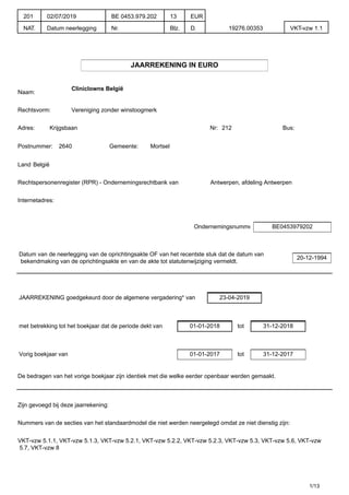 JAARREKENING IN EURO
Naam:
Cliniclowns België
Rechtsvorm: Vereniging zonder winstoogmerk
Adres: Krijgsbaan Nr: 212 Bus:
Postnummer: 2640 Gemeente: Mortsel
Land:België
Rechtspersonenregister (RPR) - Ondernemingsrechtbank van Antwerpen, afdeling Antwerpen
Internetadres:
Ondernemingsnummer BE0453979202
Datum van de neerlegging van de oprichtingsakte OF van het recentste stuk dat de datum van
bekendmaking van de oprichtingsakte en van de akte tot statutenwijziging vermeldt.
20-12-1994
JAARREKENING goedgekeurd door de algemene vergadering* van 23-04-2019
met betrekking tot het boekjaar dat de periode dekt van 01-01-2018 tot 31-12-2018
Vorig boekjaar van 01-01-2017 tot 31-12-2017
De bedragen van het vorige boekjaar zijn identiek met die welke eerder openbaar werden gemaakt.
Zijn gevoegd bij deze jaarrekening:
Nummers van de secties van het standaardmodel die niet werden neergelegd omdat ze niet dienstig zijn:
VKT-vzw 5.1.1, VKT-vzw 5.1.3, VKT-vzw 5.2.1, VKT-vzw 5.2.2, VKT-vzw 5.2.3, VKT-vzw 5.3, VKT-vzw 5.6, VKT-vzw
5.7, VKT-vzw 8
1/13
201
NAT.
02/07/2019
Datum neerlegging
BE 0453.979.202
Nr.
13
Blz.
EUR
D. 19276.00353 VKT-vzw 1.1
 