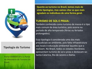 TURISMO DE SOL E PRAIA:
Também conhecido como turismo de massa é o tipo
mais comum da área turística, pois ocorre no
período de alta temporada (férias ou feriados
prolongados).
Essa tipologia é considerada uma das mais
prejudiciais ao ambiente, pois falta infraestrutura
aos locais e educação ambiental àqueles que a
realizam. No Brasil, todos os estados litorâneos
apresentam turismo de sol e praia e destacam-se:
Santa Catarina, Rio de Janeiro e Bahia.
Quanto ao turismo no Brasil, temos mais de
vinte tipologias, mas vamos citar as que mais
agradam os indivíduos de uma forma geral.
Tipologia do Turismo
Portal EMBRATUR e o Portal
do Ministério do Turismo do
Brasil.
 