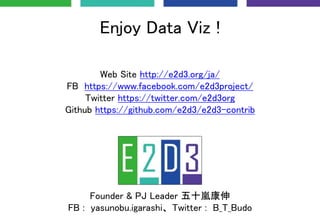 Enjoy Data Viz !
Founder & PJ Leader 五十嵐康伸
FB : yasunobu.igarashi、 Twitter : B_T_Budo
Web Site http://e2d3.org/ja/
FB http...