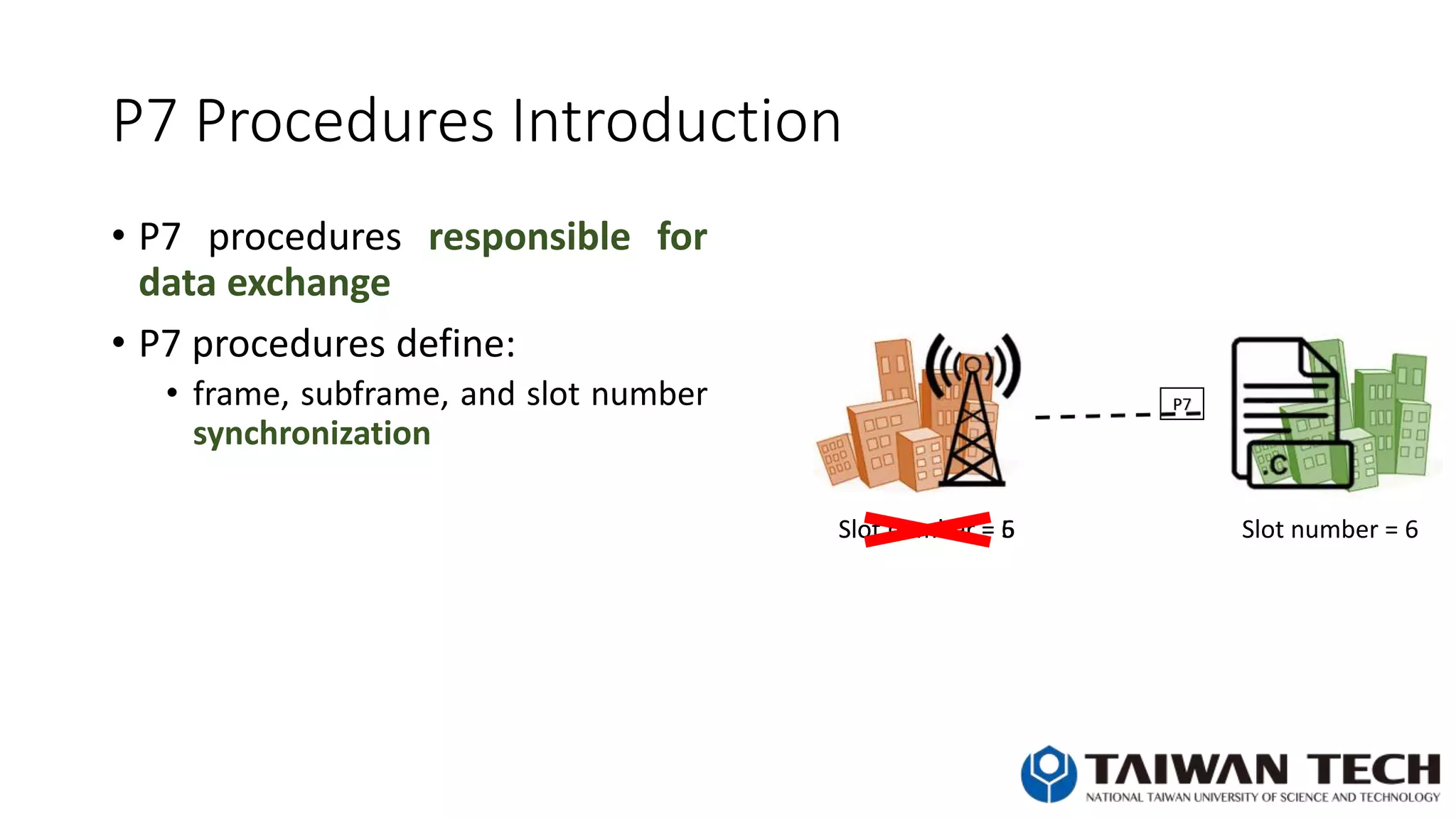 P7 Procedures Introduction
• P7 procedures responsible for
data exchange
• P7 procedures define:
• frame, subframe, and slot number
synchronization
Slot number = 5 Slot number = 6Slot number = 6
P7
 