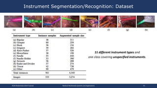 Instrument Segmentation/Recognition: Dataset
ACM Multimedia 2019 Tutorial Medical Multimedia Systems and Applications 41
11 different instrument types and
one class covering unspecified instruments.
 
