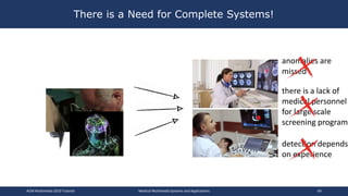 There is a Need for Complete Systems!
anomalies are
missed
detection depends
on experience
there is a lack of
medical personnel
for large scale
screening programs
ACM Multimedia 2019 Tutorial Medical Multimedia Systems and Applications 64
 