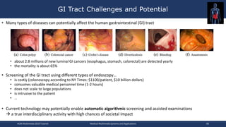 • Many types of diseases can potentially affect the human gastrointestinal (GI) tract
• about 2.8 millions of new luminal GI cancers (esophagus, stomach, colorectal) are detected yearly
• the mortality is about 65%
• Screening of the GI tract using different types of endoscopy…
• is costly (colonoscopy according to NY Times: $1100/patient, $10 billion dollars)
• consumes valuable medical personnel time (1-2 hours)
• does not scale to large populations
• is intrusive to the patient
• …
• Current technology may potentially enable automatic algorithmic screening and assisted examinations
 a true interdisciplinary activity with high chances of societal impact
GI Tract Challenges and Potential
ACM Multimedia 2019 Tutorial Medical Multimedia Systems and Applications 68
 