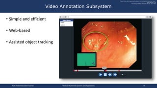 • Simple and efficient
• Web-based
• Assisted object tracking
Video Annotation Subsystem
"Expert Driven Semi-Supervised Elucidation Tool for Medical Endoscopic Videos"
Zeno Albisser, et. al.
Proceedings of MMSys, Portland, OR, USA, March 2015
ACM Multimedia 2019 Tutorial Medical Multimedia Systems and Applications 78
 