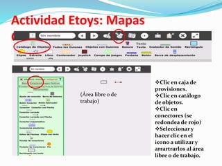 Actividad Etoys: Mapas
Conceptuales.
Clic en caja de
provisiones.
Clic en catálogo
de objetos.
Clic en
conectores (se
redondea de rojo)
Seleccionar y
hacer clic en el
icono a utilizar y
arrartrarlos al área
libre o de trabajo.
(Área libre o de
trabajo)
 