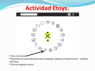 Actividad Etoys.
• Clic en el icono
• Posiciono el cursos durante unos instantes, aparece el menú con el nombre
de Etoys.
• Clic en empezar nuevo.
 
