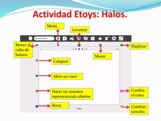 Actividad Etoys: Halos.
Colapsar
Abrir un visor
Hacer un mosaico
representando objetos
Rotar
Menú
Levantar
Mover
Duplicar
Cambia
el color
Cambiar
tamaño.
Mover al
cubo de
basura.
 