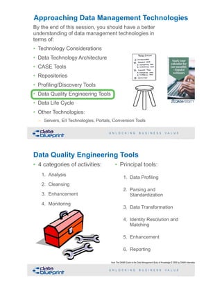 !59Copyright 2019 by Data Blueprint Slide #
By the end of this session, you should have a better
understanding of data management technologies in
terms of:
• Technology Considerations
• Data Technology Architecture
• CASE Tools
• Repositories
• Profiling/Discovery Tools
• Data Quality Engineering Tools
• Data Life Cycle
• Other Technologies:
– Servers, EII Technologies, Portals, Conversion Tools
Approaching Data Management Technologies
Data Quality Engineering Tools
• 4 categories of activities:
1. Analysis
2. Cleansing
3. Enhancement
4. Monitoring 
 
 
 
 
 
 
 
 
• Principal tools:
1. Data Profiling
2. Parsing and
Standardization
3. Data Transformation
4. Identity Resolution and
Matching
5. Enhancement
6. Reporting
!60Copyright 2019 by Data Blueprint Slide #
from The DAMA Guide to the Data Management Body of Knowledge © 2009 by DAMA International
 