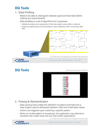 DQ Tools
1. Data Profiling
– Need to be able to distinguish between good and bad data before
making any improvements
– Data profiling is a set of algorithms for 2 purposes:
• Statistical analysis and assessment of the data quality values within a data set
• Exploring relationships that exist between value collections within and across data
sets
!61Copyright 2019 by Data Blueprint Slide #
from The DAMA Guide to the Data Management Body of Knowledge © 2009 by DAMA International
DQ Tools
2. Parsing & Standardization
– Data parsing tools enable the definition of patterns that feed into a
rules engine used to distinguish between valid and invalid data values
– Actions are triggered upon matching a specific pattern
– When an invalid pattern is recognized, the application may attempt to
transform the invalid value into one that meets expectations
!62Copyright 2019 by Data Blueprint Slide #
from The DAMA Guide to the Data Management Body of Knowledge © 2009 by DAMA International
https://www.youtube.com/watch?v=r9UhJxFT5rk
 