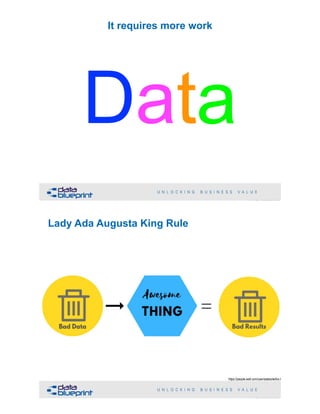 It requires more work
Data
!87Copyright 2019 by Data Blueprint Slide #
a
Lady Ada Augusta King Rule
!88Copyright 2019 by Data Blueprint Slide #
https://people.well.com/user/adatoole/bio.htm
 