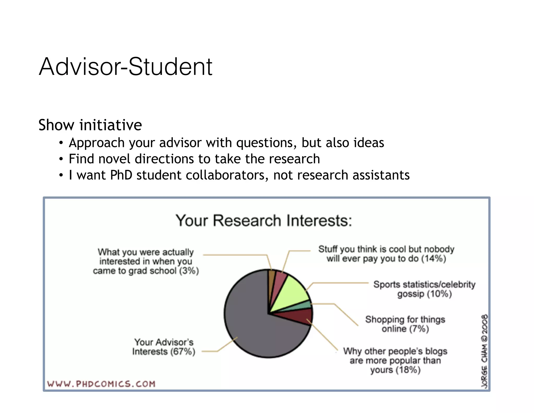 Advisor-Student
Show initiative
• Approach your advisor with questions, but also ideas
• Find novel directions to take the research
• I want PhD student collaborators, not research assistants
 