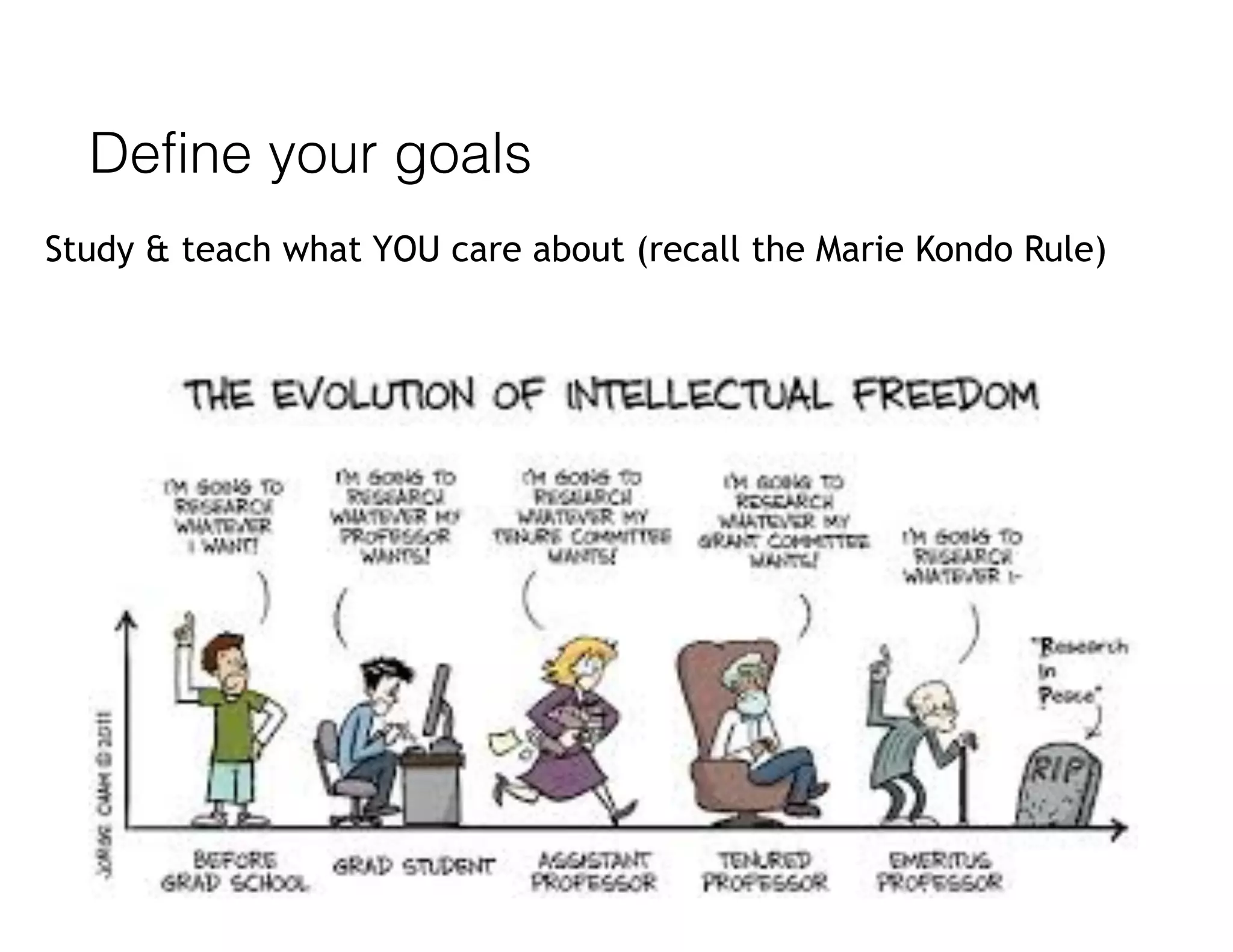 Define your goals
Study & teach what YOU care about (recall the Marie Kondo Rule)
 