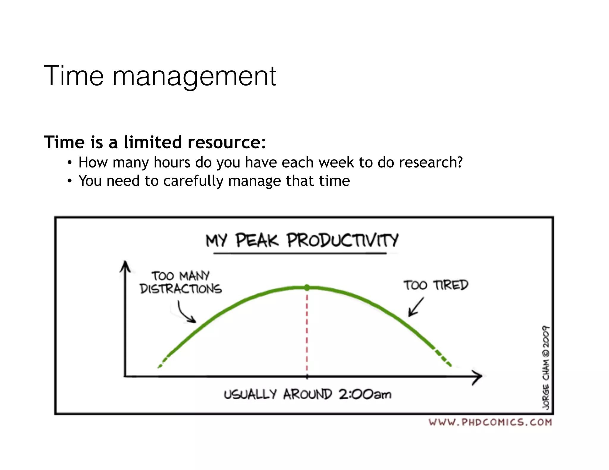 Time management
Time is a limited resource:
• How many hours do you have each week to do research?
• You need to carefully manage that time
 