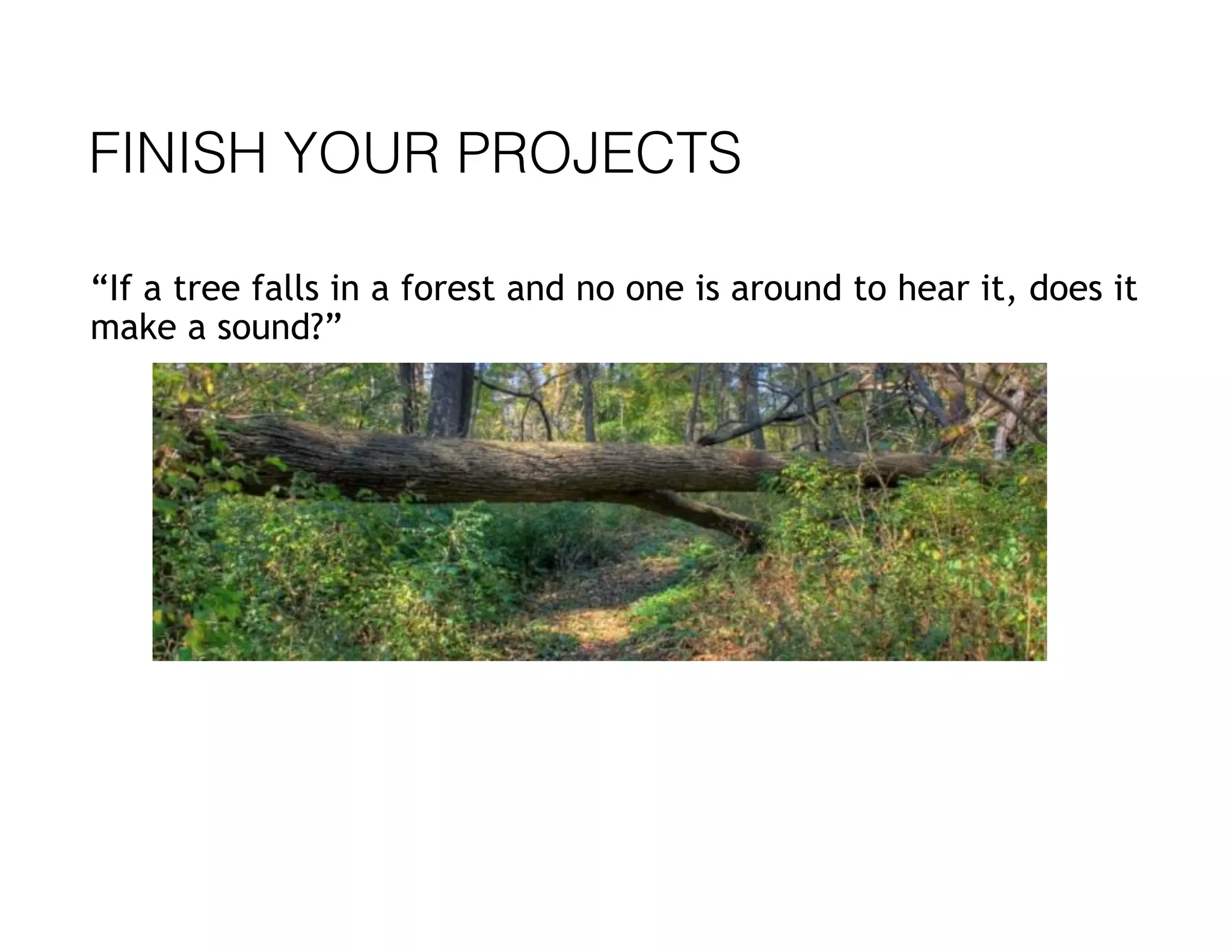 FINISH YOUR PROJECTS
“If a tree falls in a forest and no one is around to hear it, does it
make a sound?”
 