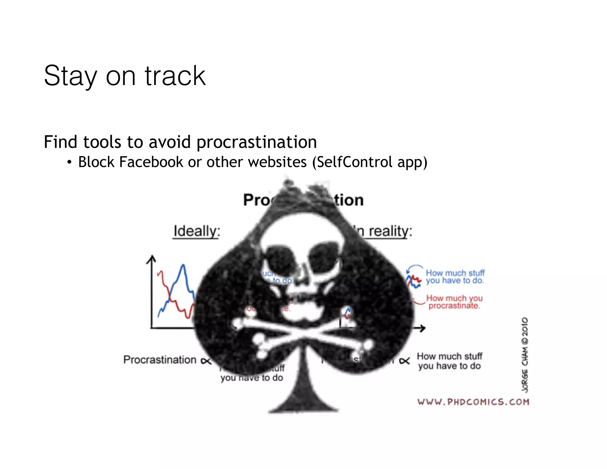Stay on track
Find tools to avoid procrastination
• Block Facebook or other websites (SelfControl app)
 