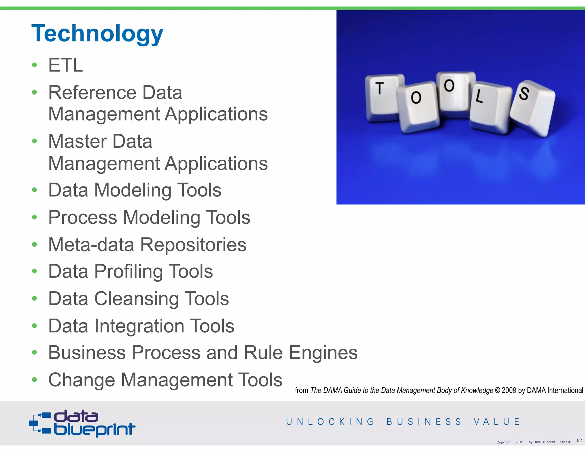 Technology
• ETL
• Reference Data  
Management Applications
• Master Data  
Management Applications
• Data Modeling Tools
• Process Modeling Tools
• Meta-data Repositories
• Data Profiling Tools
• Data Cleansing Tools
• Data Integration Tools
• Business Process and Rule Engines
• Change Management Tools
!52Copyright 2019 by Data Blueprint Slide #
from The DAMA Guide to the Data Management Body of Knowledge © 2009 by DAMA International
 