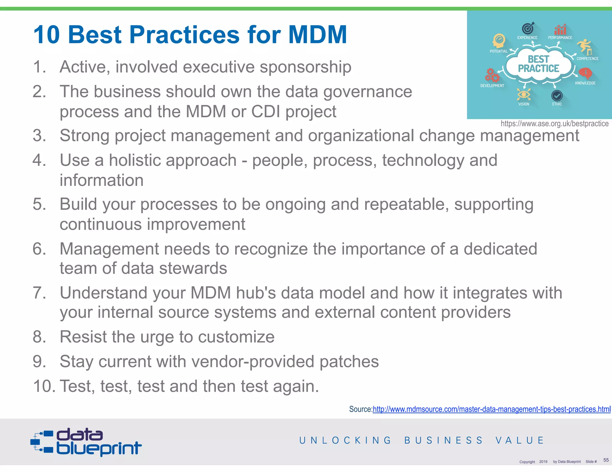 1. Active, involved executive sponsorship
2. The business should own the data governance  
process and the MDM or CDI project
3. Strong project management and organizational change management
4. Use a holistic approach - people, process, technology and
information
5. Build your processes to be ongoing and repeatable, supporting
continuous improvement
6. Management needs to recognize the importance of a dedicated
team of data stewards
7. Understand your MDM hub's data model and how it integrates with
your internal source systems and external content providers
8. Resist the urge to customize
9. Stay current with vendor-provided patches
10. Test, test, test and then test again.
1. Active, involved executive sponsorship
2. The business should own the data governance  
process and the MDM or CDI project
3. Strong project management and organizational change management
4. Use a holistic approach - people, process, technology and
information
5. Build your processes to be ongoing and repeatable, supporting
continuous improvement
6. Management needs to recognize the importance of a dedicated
team of data stewards
7. Understand your MDM hub's data model and how it integrates with
your internal source systems and external content providers
8. Resist the urge to customize
9. Stay current with vendor-provided patches
10. Test, test, test and then test again.
10 Best Practices for MDM
!55Copyright 2019 by Data Blueprint Slide #
Source:http://www.mdmsource.com/master-data-management-tips-best-practices.html
https://www.ase.org.uk/bestpractice
 