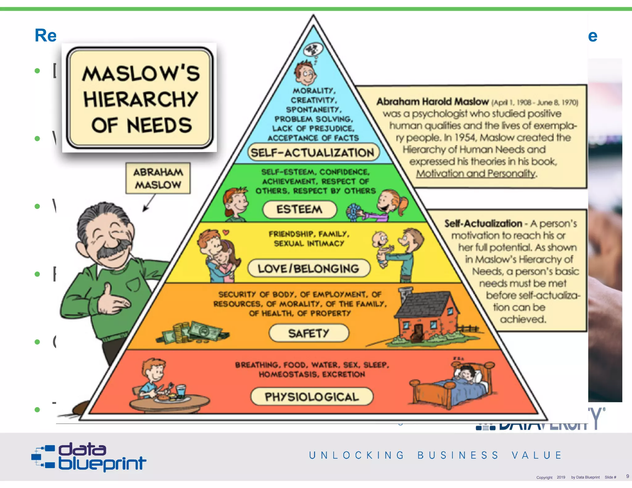 !9Copyright 2019 by Data Blueprint Slide #
• Data Management Overview
• What is Reference and MDM?
• Why is Reference and MDM important?
• Reference & MDM Building Blocks
• Guiding Principles & Best Practices
• Take Aways, References & Q&A
Reference & Master Data Management - Unlocking Business Value
Tweeting now: t#dataed
 