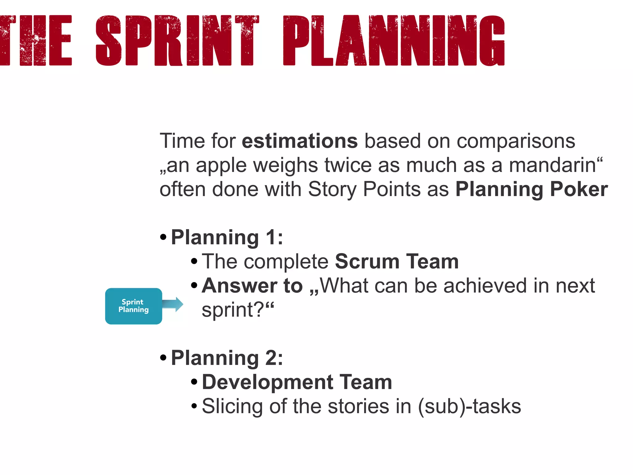 The Sprint PLANNING
Time for estimations based on comparisons
„an apple weighs twice as much as a mandarin“
often done with Story Points as Planning Poker
• Planning 1:
• The complete Scrum Team
• Answer to „What can be achieved in next
sprint?“ 
• Planning 2:
• Development Team
• Slicing of the stories in (sub)-tasks
 