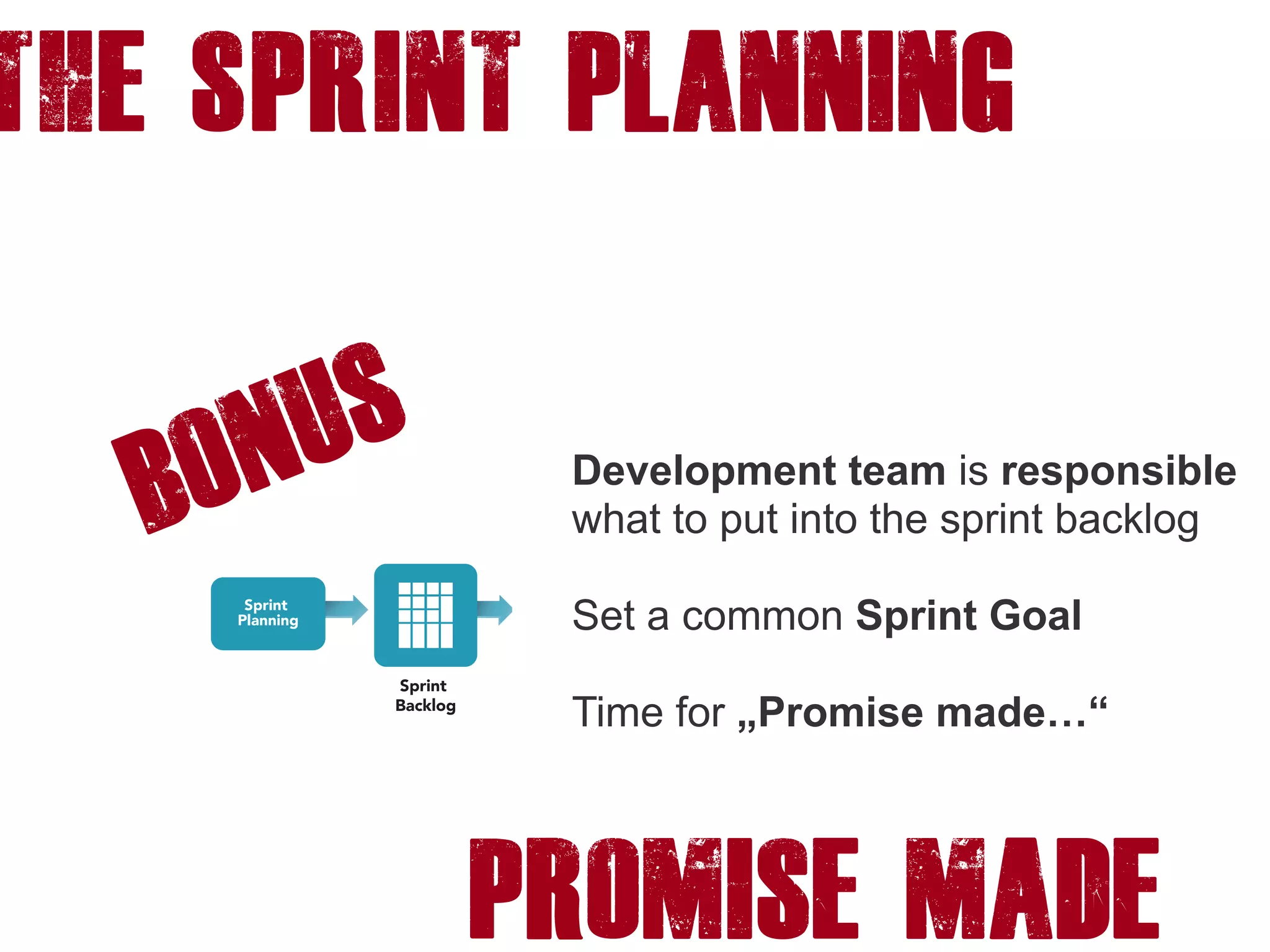 The Sprint PLANNING
BONUS
Development team is responsible
what to put into the sprint backlog
Set a common Sprint Goal
Time for „Promise made…“
PROMISE MADE
 