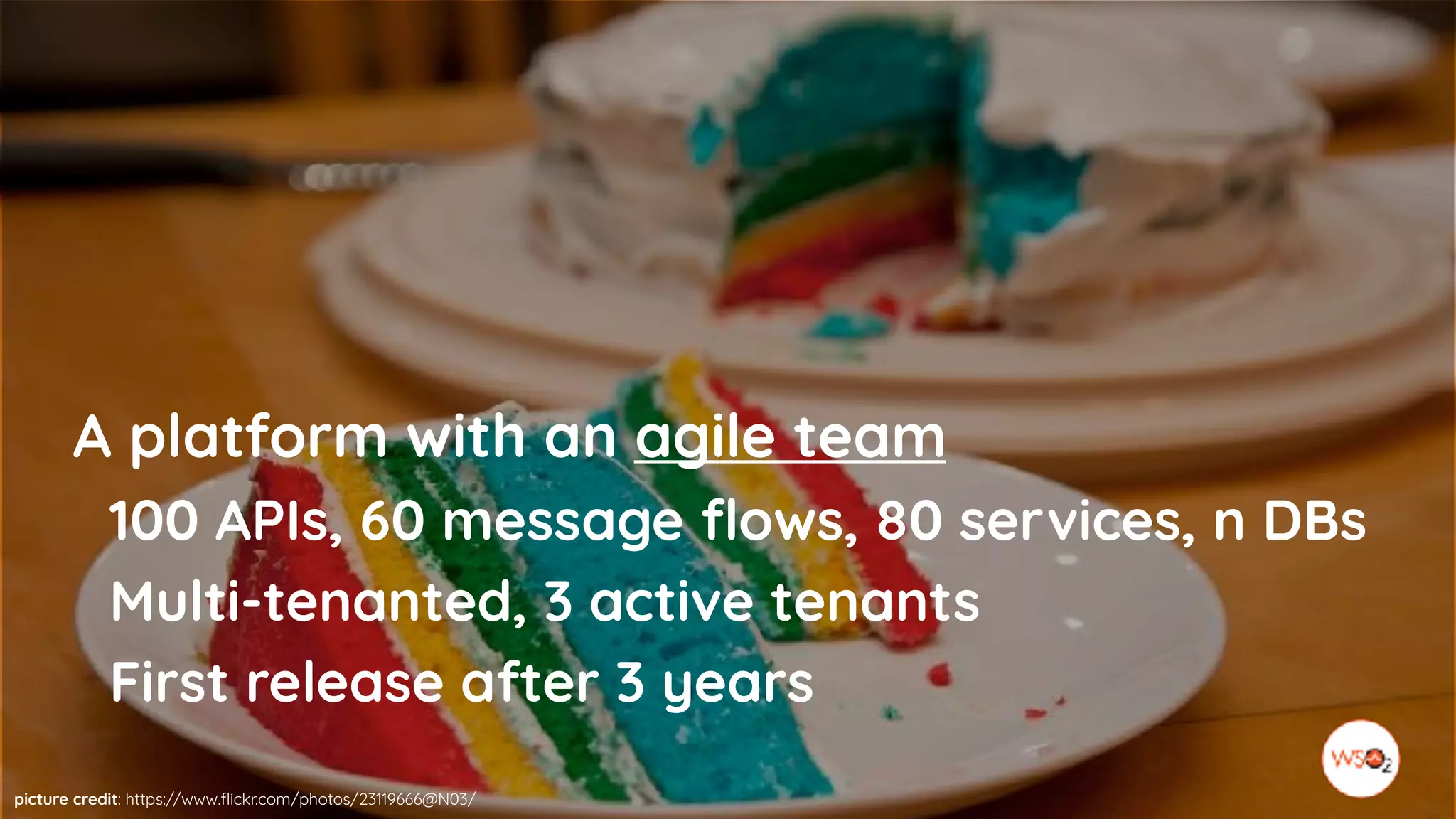 picture credit: https://www.flickr.com/photos/23119666@N03/
A platform with an agile team
100 APIs, 60 message flows, 80 services, n DBs
Multi-tenanted, 3 active tenants
First release after 3 years
 