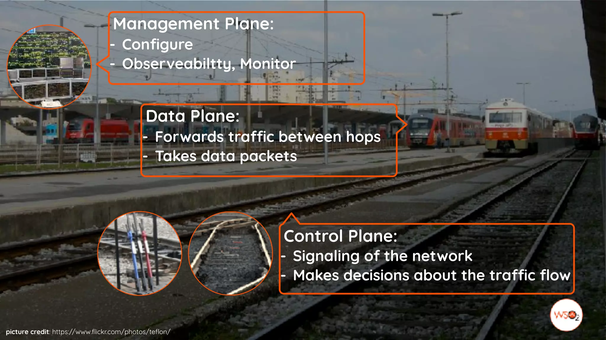 Control Plane:
- Signaling of the network
- Makes decisions about the traffic flow
Data Plane:
- Forwards traffic between hops
- Takes data packets
picture credit: https://www.flickr.com/photos/teflon/
Management Plane:
- Configure
- Observeabiltty, Monitor
 