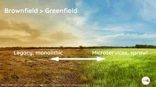 Brownfield > Greenfield
picture credit: https://www.apstra.com/home/landscape-of-meadow-field-with-the-changing-environment-2/
Legacy, monolithic Microservices, sprawl
 