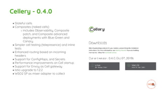 Cellery - 0.4.0
• Stateful cells
• Composites (naked cells)
◦ Includes Observability, Composite
patch, and Composite advanced
deployments with Blue-Green and
Canary.
• Simpler cell testing (telepresence) and inline
tests
• Enhanced routing based on incoming
headers
• Support for ConﬁgMaps, and Secrets
• Performance improvements on Cell startup
• Support for Envoy as Cell gateway
• Istio upgrade to 1.2.2
• WSO2 SP as mixer adapter to collect
 